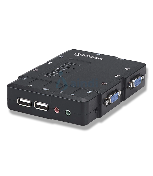 Switch KVM Manhattan Compacto 4 Puertos Desktop USB 4:1 Cables+Audio Color Negro