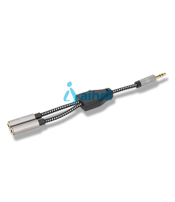 ADAPTADOR DE AURICULARES EN Y DE UN PLUG A 2 SALIDAS 3.5 MM, CONECTA DOS AUDíFONOS A UNA TOMA DE AUDIO, CONTACTOS CHAPADOS EN ORO, DISEñO DELGADO, NYLON TRENZADO, NEGRO/PLATEADO