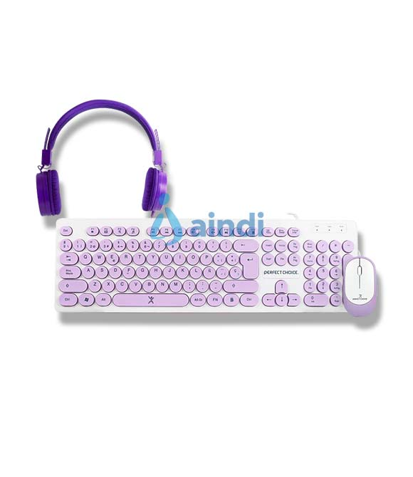 Kit Alámbrico Perfect Choice Farben 3 en 1 para Niños Teclado/Audífonos/Mouse Color Morado