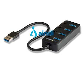 StarTech.com HB30A4AIB Hub USB 3.0 de 4 Puertos con Interruptores Individuales y Soporte UASP - HB30A4AIB