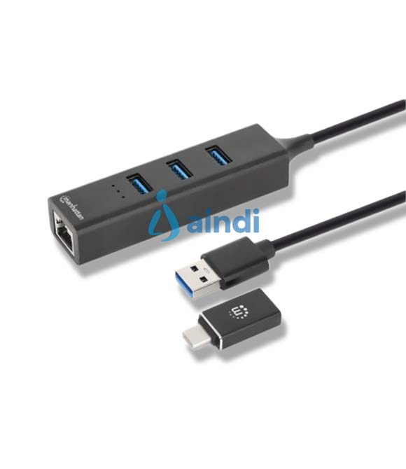ADAPTADOR DE RED,MANHATTAN,180894, GB USB A/C +HUB 3 PTOS V3.0