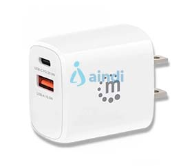 MANHATTAN 406291 Cargador de pared mini para carga de energía por USB de 2 puertos - 20 W, enchufe de EUA, color blanco | Product Key 406291