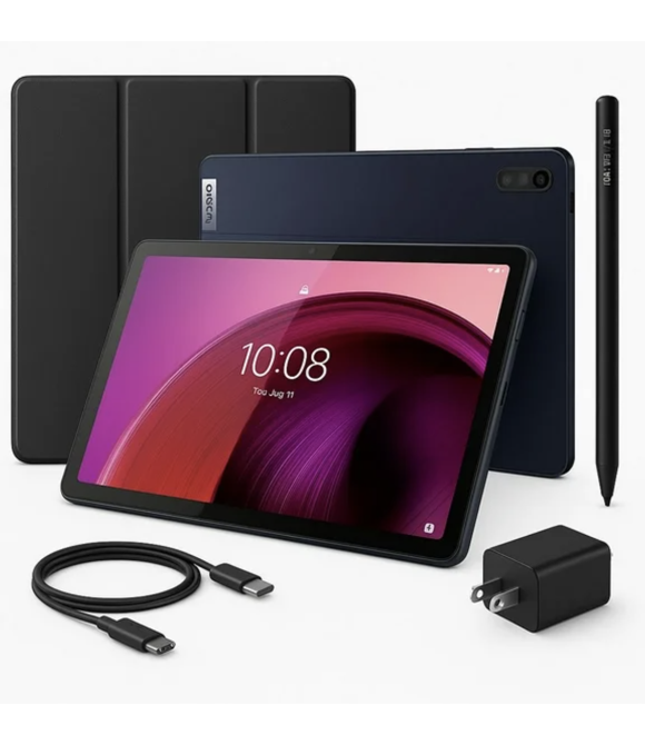 Tablet Lenovo M10 5G con pantalla 10.6" 2000x1200, 6GB RAM, 128GB, Android 13, batería 7700mAh y diseño azul. Potencia, velocidad y estilo.
